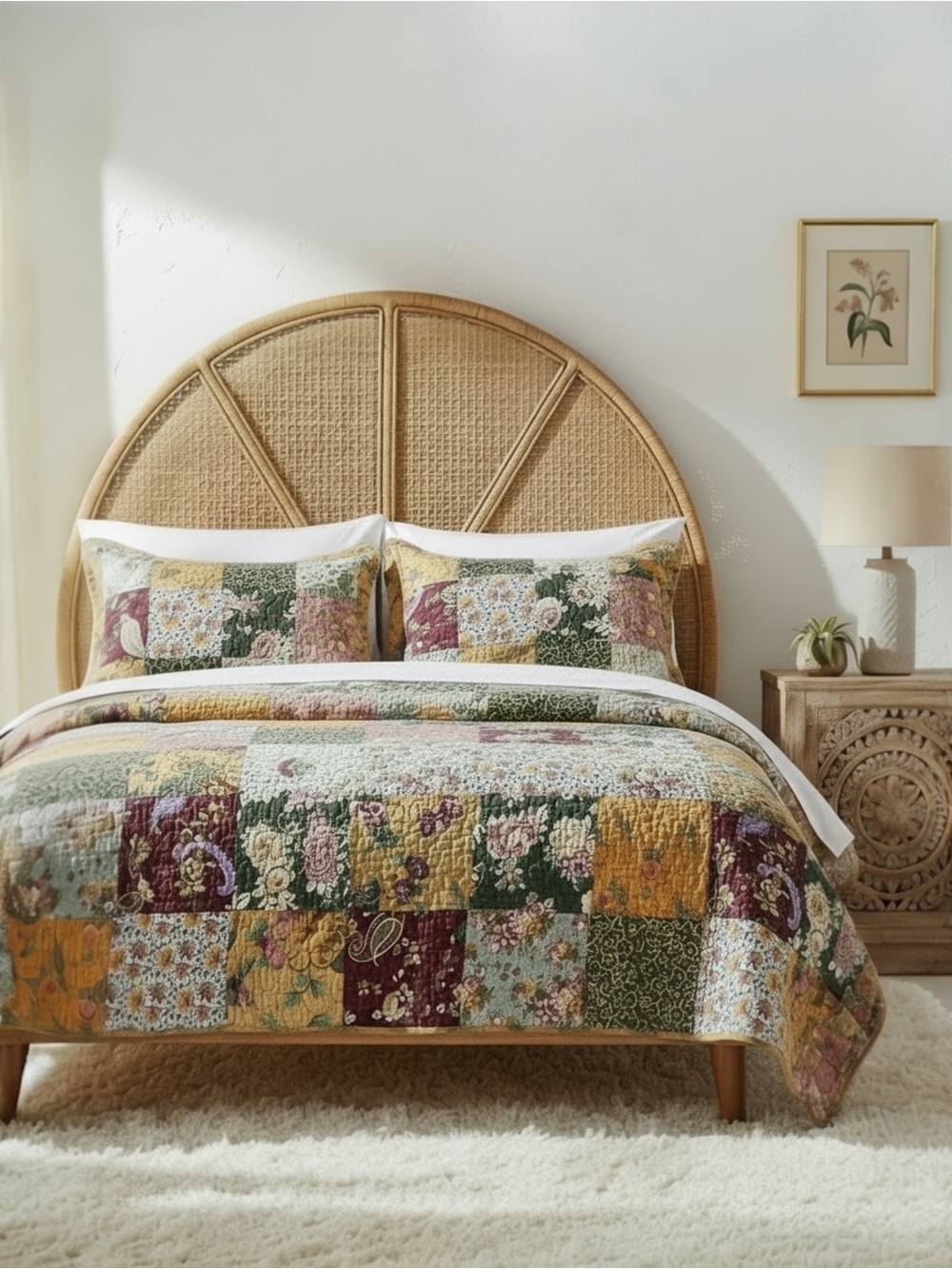 NEW Anthro Cotton Floral Reversible Patchwork Queen King Bedding Quilt Sham Set - Picture 1 of 15